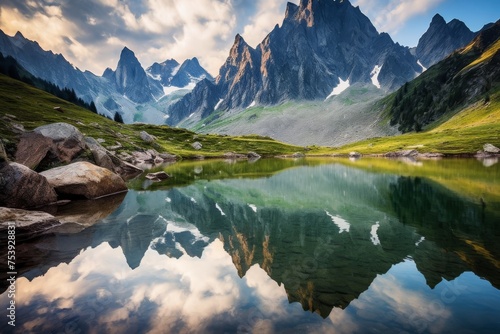 Mirror Lake Mountainscape: Immerse yourself in the serene beauty of a mountain range reflected in mirror-like waters.