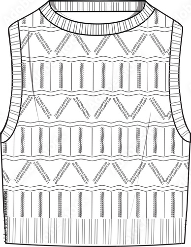 Women's Crochet Crop Vest- Technical fashion illustration. Front, white color. Unisex CAD mock-up.