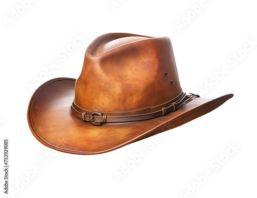 A brown cowboy hat with a brown band around the top