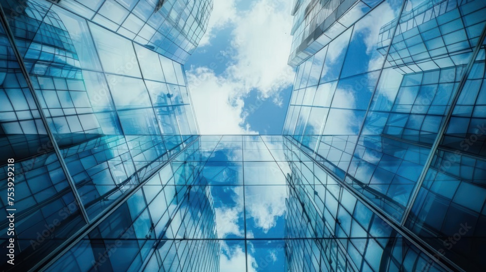 From below glass buildings with perspective view of blue sky. AI generated image