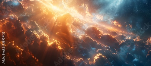 Gods Light Beams Shining Through Nebula in Space, To convey a sense of divine presence, spiritual illumination, and the grandeur of nature in graphic
