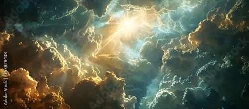 Divine Light Beams Shining Through Stormy Clouds, To convey a sense of peace, tranquility, and spiritual inspiration through the symbolism of divine
