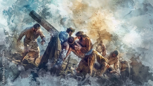 Jesus Is Taken Down From The Cross And Given To His Mother, Digital Watercolor Painting