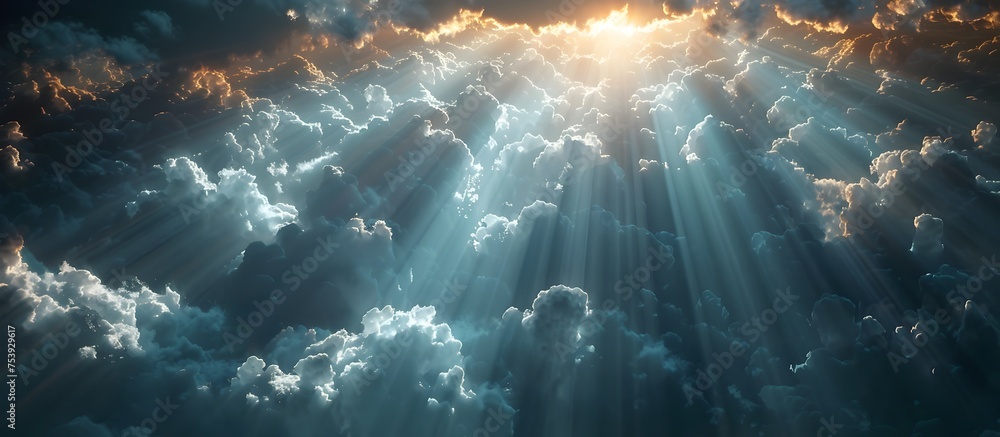 Naklejka premium Heavenly Light Shining Through Clouds, To convey a sense of spirituality, hope, and divine presence