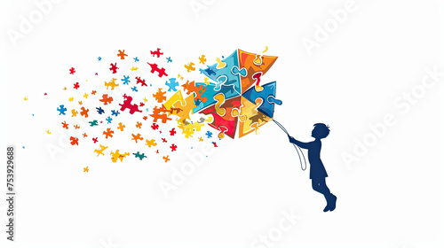 World autism awareness day card or banner,  autistic kid playing with colorful kite 