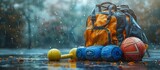 Rainy Day Gym Bag with Sports Gear, To convey a sense of energy and excitement for playing sports outdoors in the rain