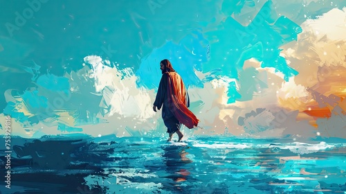 Jesus Walks On Water. Digital Oil Painting Illustration