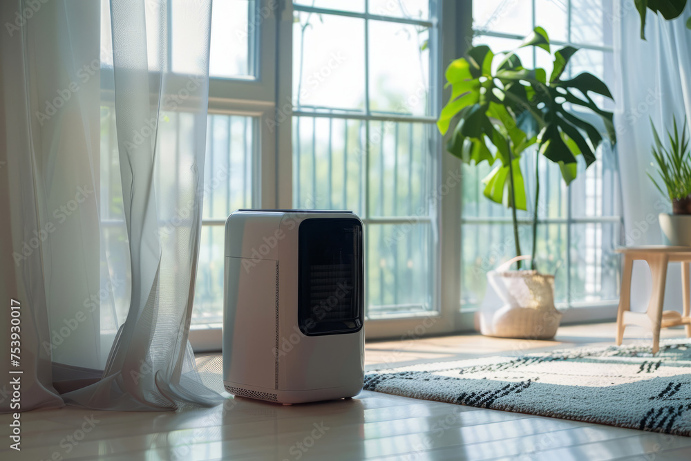 Air purifier health technology in cozy modern living room. Air pollution concept. Generative AI Air purifier health technology in cozy modern living room. Air pollution concept. Generative AI