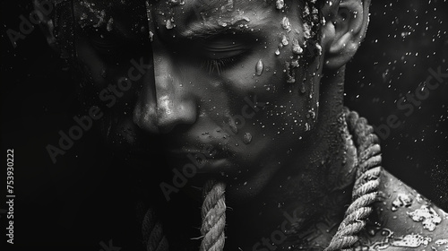 Idées suicidaires représentées sous la forme d'un homme en noir et blanc avec une corde autour du cou : suicide et idées noires, dépression morbide photo