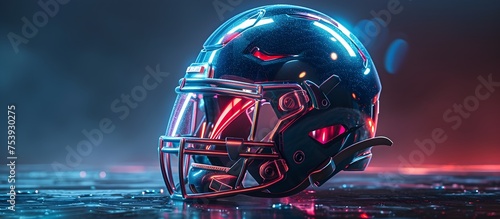 Futuristic American Football Helmet with Neon Lights, To showcase a sleek and futuristic football helmet design, emphasizing its intricate details photo