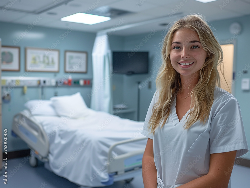 Fototapeta premium Portrait d'une jeune infirmière, aide soignante ou personnel médical sur son lieu de travail, à l'hôpital et en uniforme 