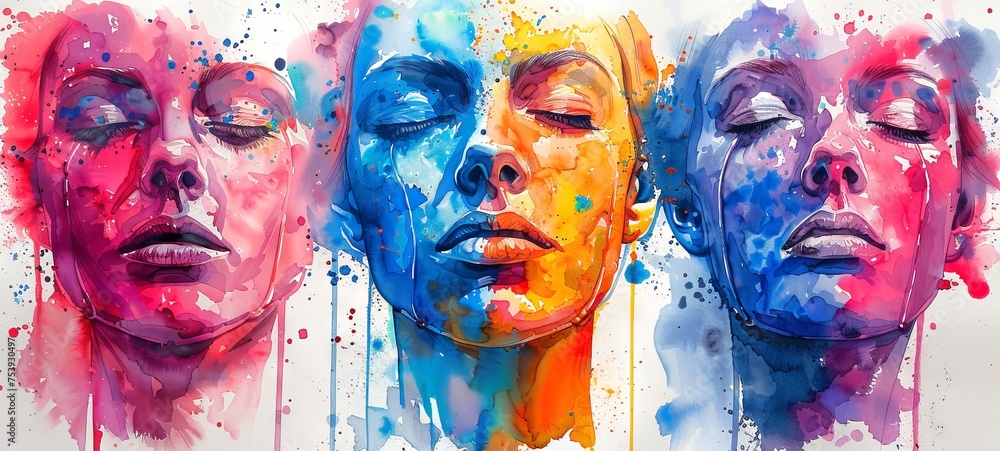Obraz premium Watercolor portraits of diverse female individuals dripping colors. Abstract aquarelle faces. Concept of cultural diversity, society, artistry, social unity, and human emotions. Wide banner