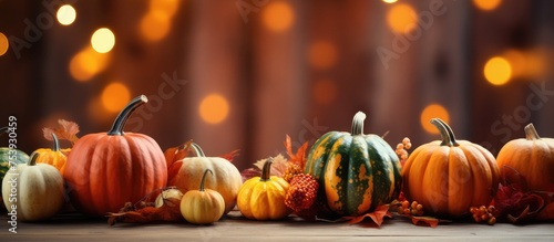 A row of pumpkins placed neatly on top of a wooden table. The pumpkins vary in size and color, creating a visually appealing display.