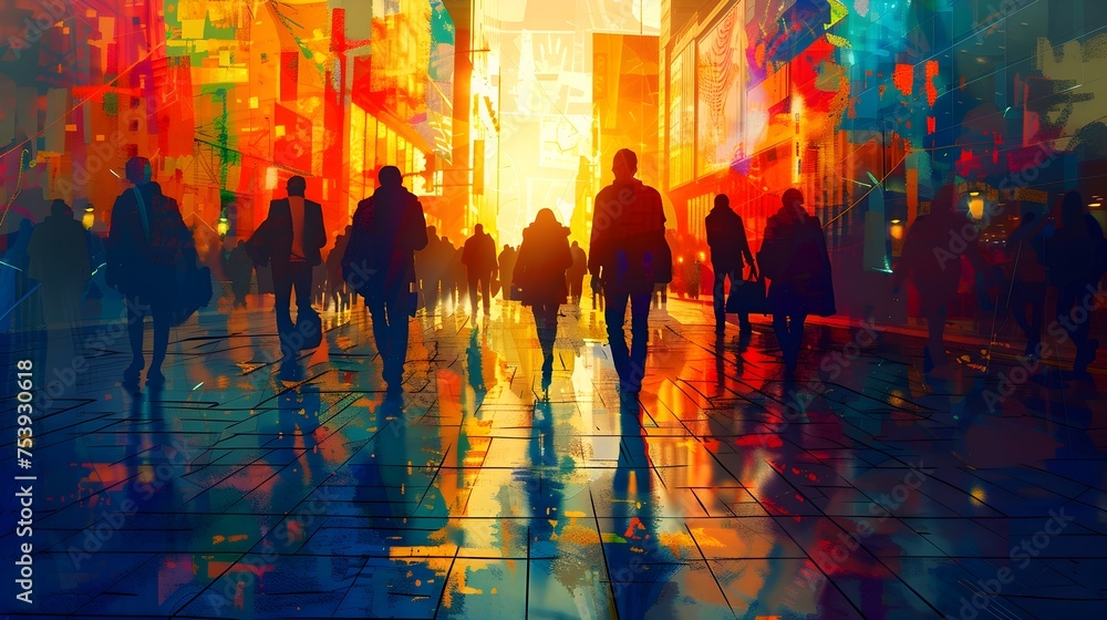 Vibrant Abstract Illustration of People Walking in the City, To add a modern and dynamic feel to design projects, showcasing a bustling urban scene