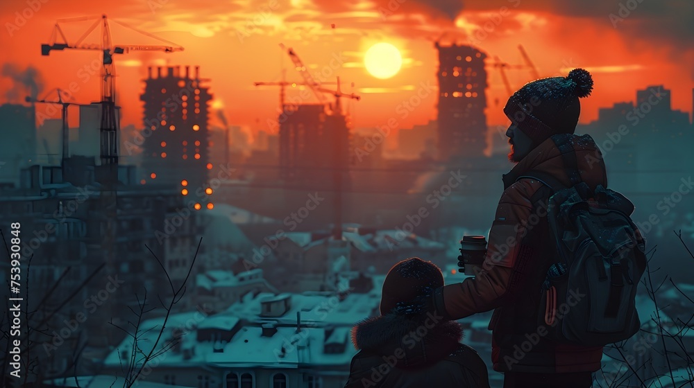Woman and Child with Coffee overlooking Abandoned City at Sunset, To convey a sense of hope and mystery in the midst of urban renewal and change