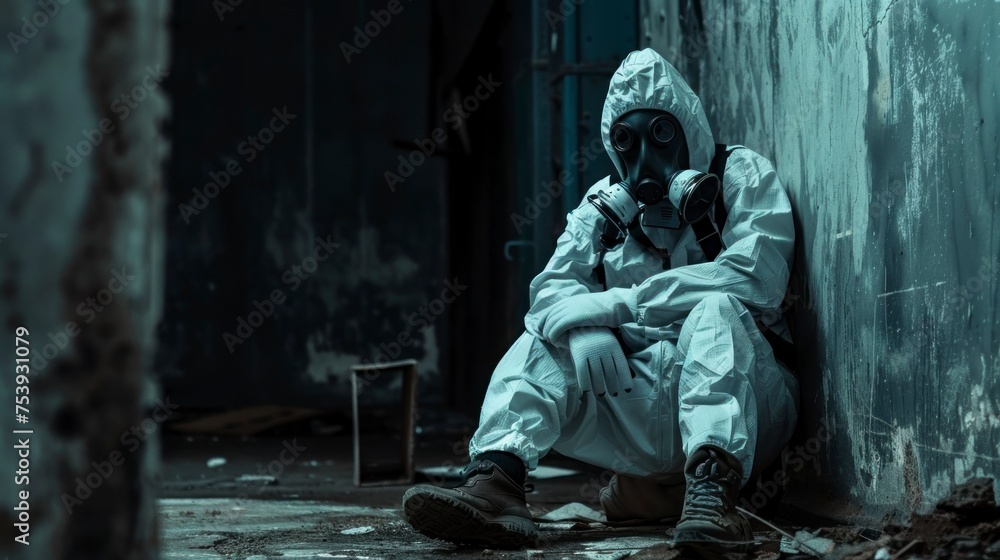 person with an anti-radiation suit in an abandoned place alone with little light in high resolution and high quality. world war concept