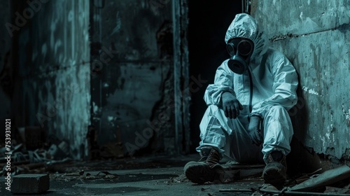 person with anti-radiation suit in an abandoned place alone with little light in high resolution and high quality