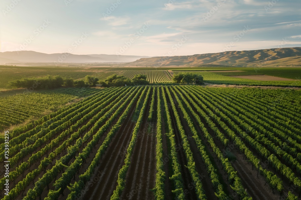 A serene view of sun-kissed vineyards sprawling across rolling hills.