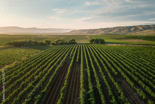 A serene view of sun-kissed vineyards sprawling across rolling hills.