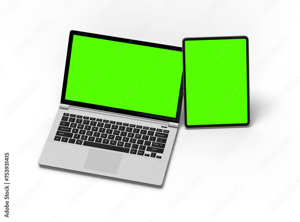 3d render of laptop and tablet with green screen on a light background 3d render of laptop and tablet with green screen on a light background