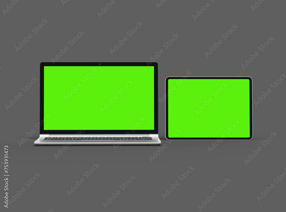 3d render of laptop and tablet with green screen on a dark background 3d render of laptop and tablet with green screen on a dark background