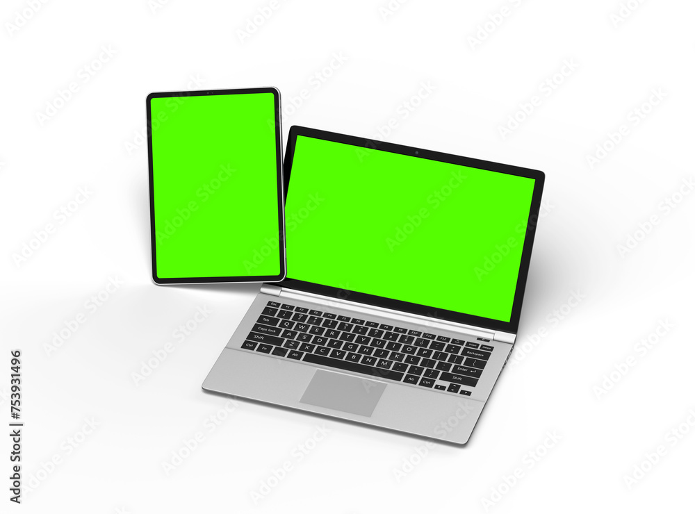 3d render of laptop and tablet with green screen on a transparent background 3d render of laptop and tablet with green screen on a transparent background