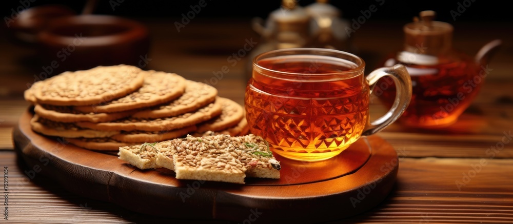 A wooden table displays a plate of crackers and a mug of tea, in a simple and rustic setting. The crackers appear crispy, and the tea steams gently. A wooden table displays a plate of crackers and a mug of tea, in a simple and rustic setting. The crackers appear crispy, and the tea steams gently.