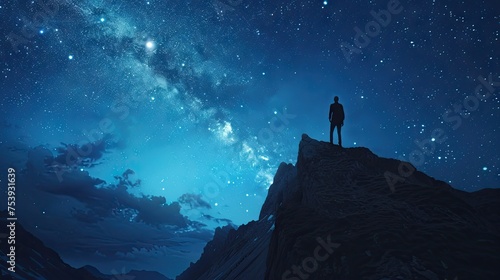 Man Standing On The Mountain At Night With Starry Sky And Milky Way