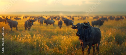 African Savanna A Herd of Wildebeest Grazing at Golden Hour, To showcase the majestic beauty and diversity of wildlife on the African plains,