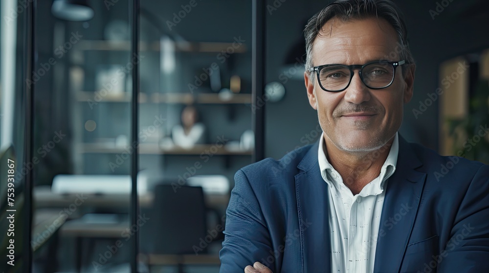 Fototapeta premium Mature 50 Year Old Confident Professional Manager, Confident Businessman Investor Looking At Camera, Smiling Mid Aged Older Business Man Executive Standing In Office, Portrait