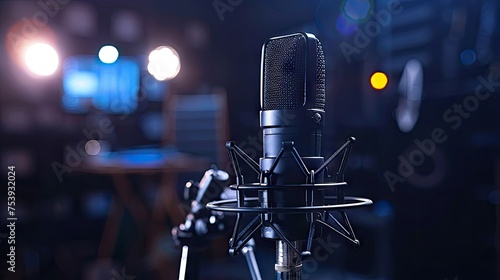 Microphone In A Studio With Spot Lights On Background photo