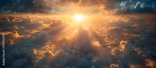 Divine Light Shining Through Clouds, Casting Golden Rays on Earth, To evoke a sense of spirituality, awe, and wonder, while showcasing the majestic