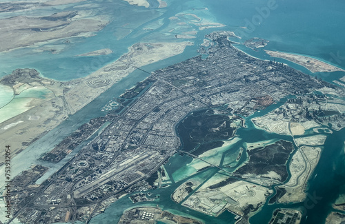 Aerial landscape overview of City of Abu Dhabi, capital of Emirate of Abu Dhabi in UAE, located on a island in the Persian Gulf 
