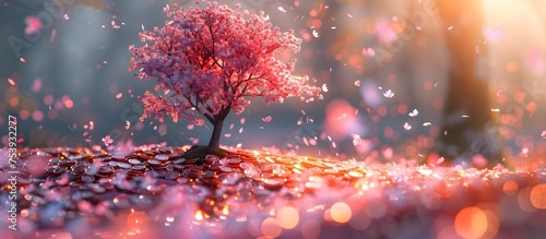 Blossoming Pink Tree with Coins in a Dreamy Fantasy Illustration, This image would be perfect for representing the prosperity philosophy concept or