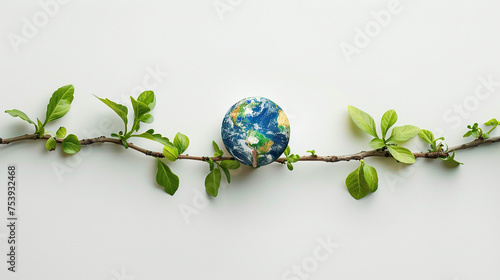 World environment day minimalist tree branch with earth and plant leaves on it , earth day concept. World environment day background. Poster, banner, background with lettering environment day. photo