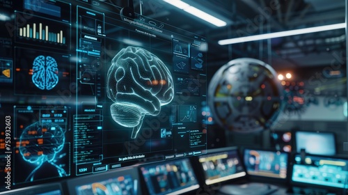Modern Brain Study Laboratory And Monitors Eeg Reading And Brain Model Functioning. Futuristic Holographic Interface, Showing Neurological Data. Modern Brain Study, Neurological Research Center