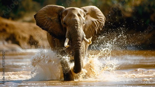 African elephant running through the water in a river in africa during a safari © Ziyan