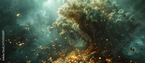Destruction of a Giant Tree of Life with Golden Leaves  To convey an epic moment of destruction and symbolism through a digitally created artwork of