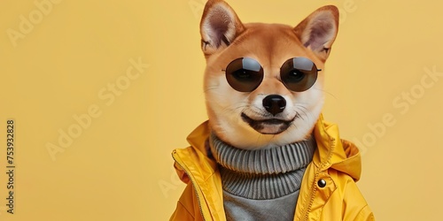 Shiba Inu doge wearing sunglasses and trendy clothing on yellow background © Brian