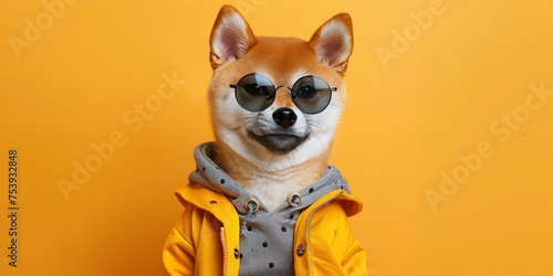 Shiba Inu doge wearing sunglasses and trendy clothing on yellow background photo