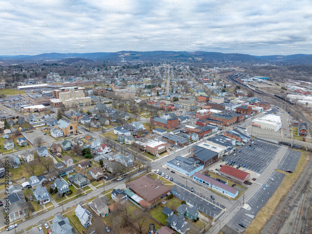 Sayre, PA, USA 03032024 Cloudy winter aerial image of the