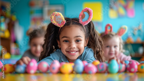 mixed race cute kids in bunny ears preparing to Easter in school or kindergarten