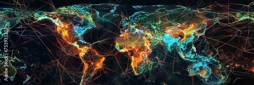 World map with glowing connectivity lines for ethernet cables and fibre optics creating the worldwide web internet