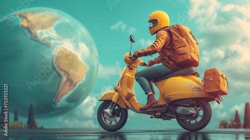 Courier on a yellow moped is driving around the round planet earth. Space speed delivery concept