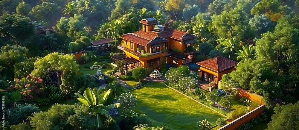 Birds Eye View of Indian Villa Surrounded by Lush Greenery, The image ...