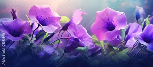 A painting featuring vibrant purple morning glory flowers set against a captivating blue background, creating a striking contrast. The flowers are the focal point, showcasing their intricate petals
