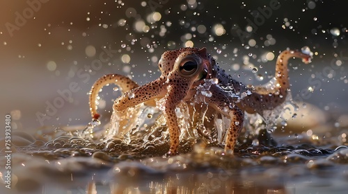 With a playful leap, the small creature, reminiscent of a baby kraken, splashes in a puddle, sending sparkling water droplets flying through the air.