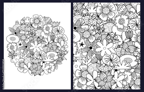 Doodle flowers coloring pages set in zentangle style. Fantasy floral templates for coloring book in US Letter format. Collection with black and white backgrounds. Vector illustration