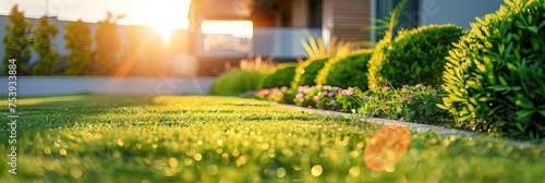 Well-manicured lawn of grass in the yard of a residential home - landscaping concept with shrubs and bushes outdoors 