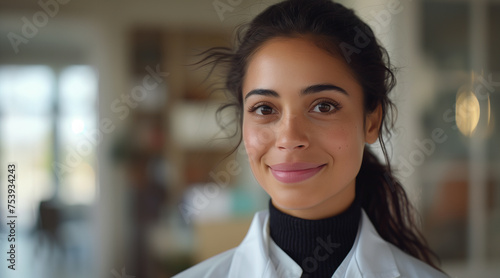 a twenty-something Latina doctor with a friendly and compassionate expression. Her hair is tied back in a loose ponytail. He is wearing a white lab coat.